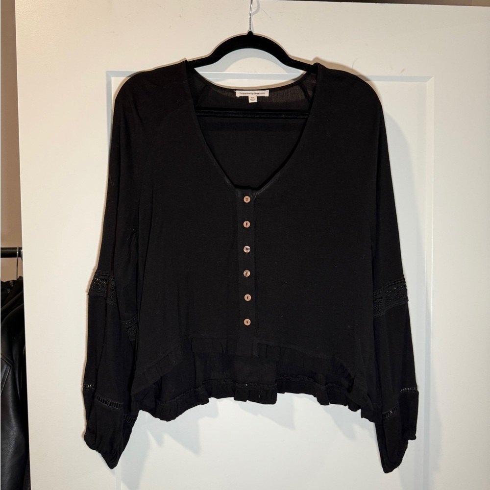 Newbury Kustom Black V-Neck Blouse with Button Detail